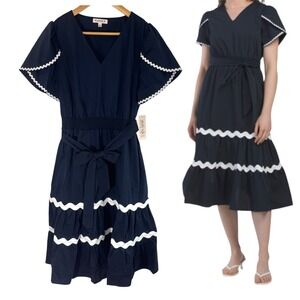 New Nanette Lepore Navy White‎ Dress Women's Size 14 Flutter Sleeve Midi Smocked